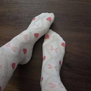 Worn White & Pink Strawberry Pattern Crew Socks - Women's Cute Cotton Blend